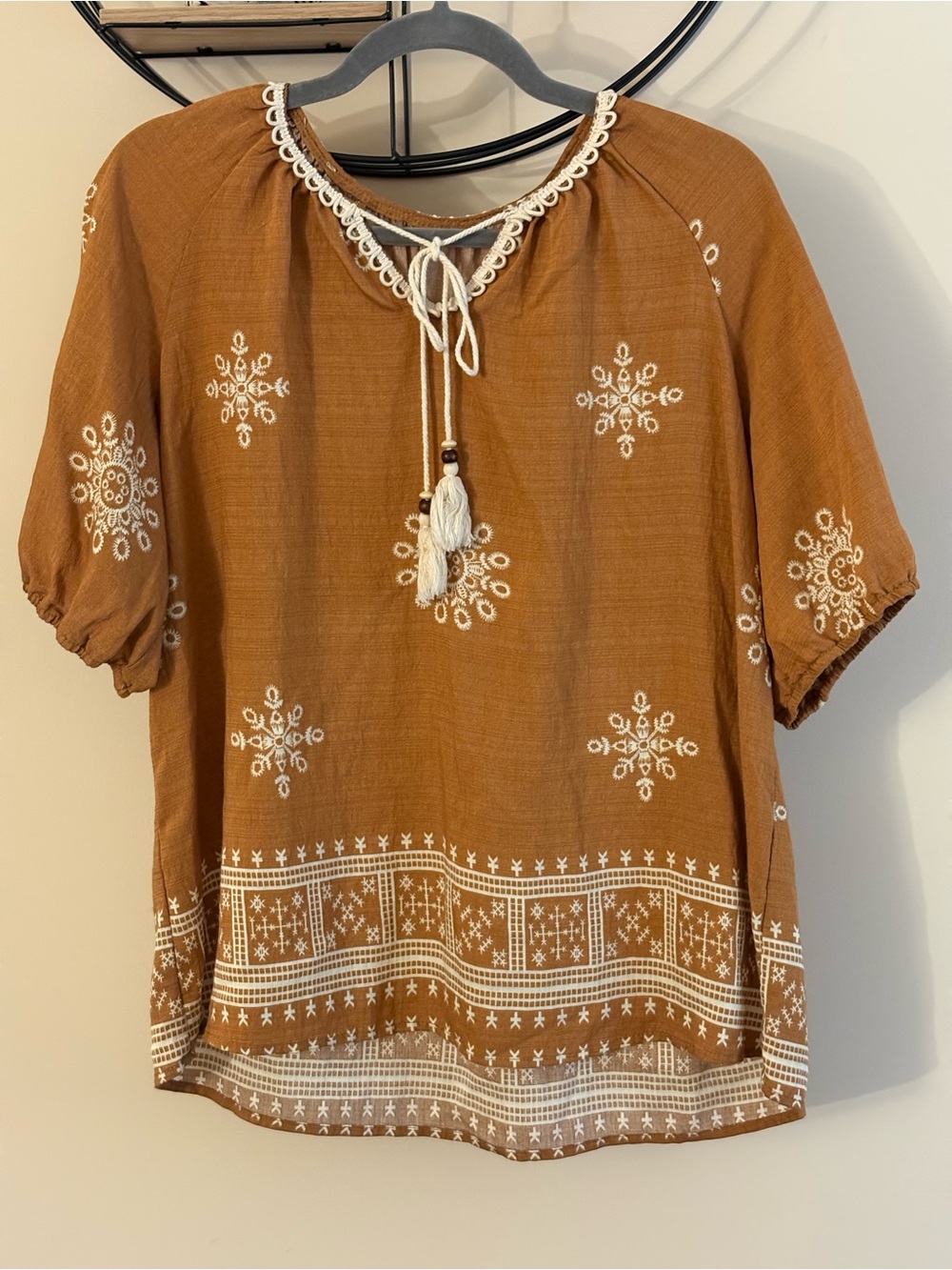 Embroidered Tassel Peasant Blouse - Rust Brown
